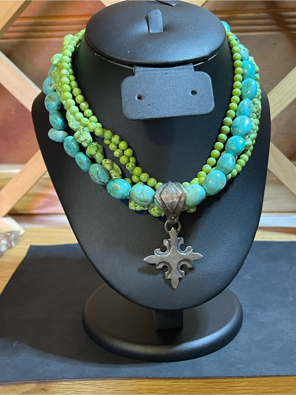 Vintage Turquoise & Sterling Silver Shreve Saville Chunky Muli- Strand Necklace